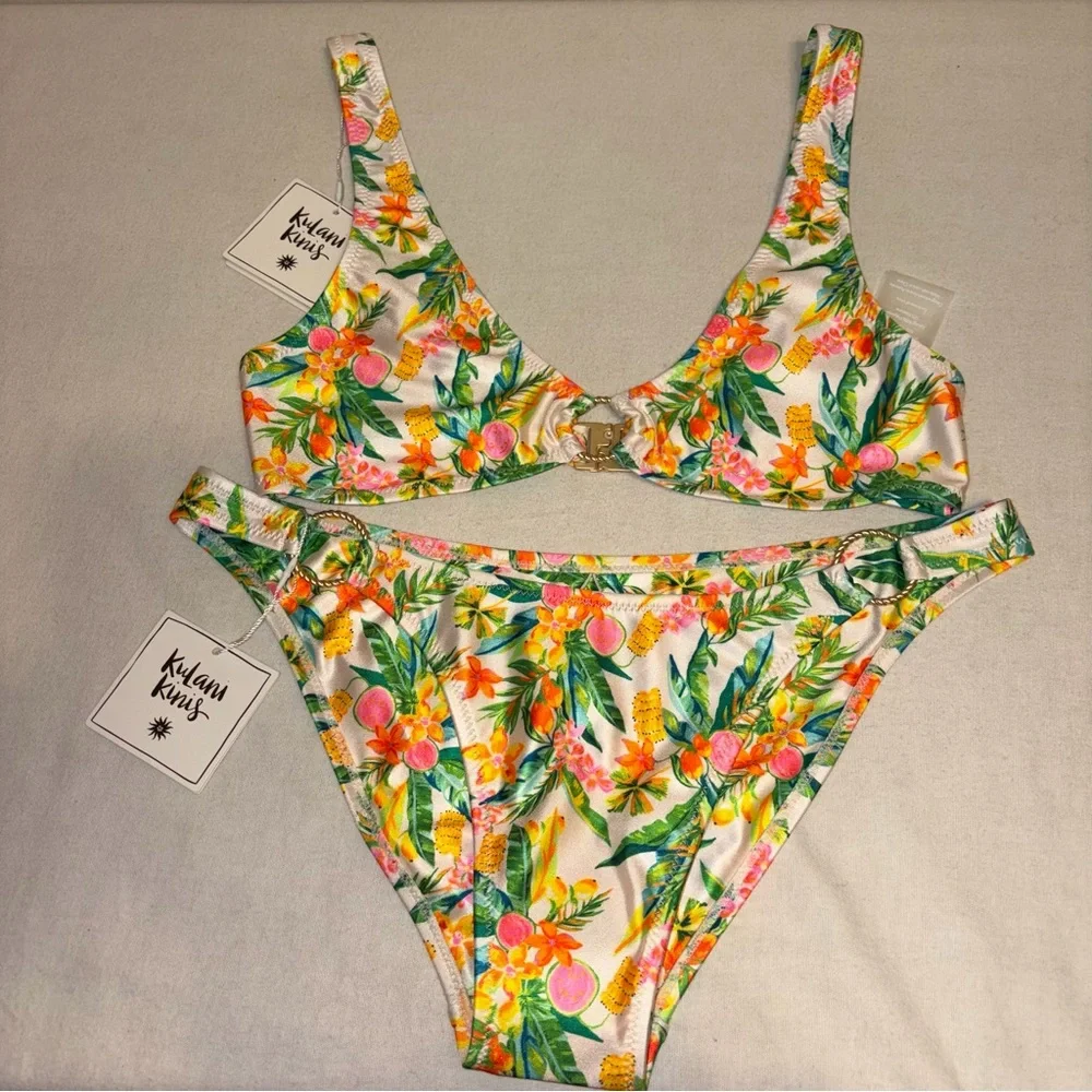 Kulani Kinis Golden Hour Bralette Tropical Floral‎ Bikini Bottom and Top Size L
